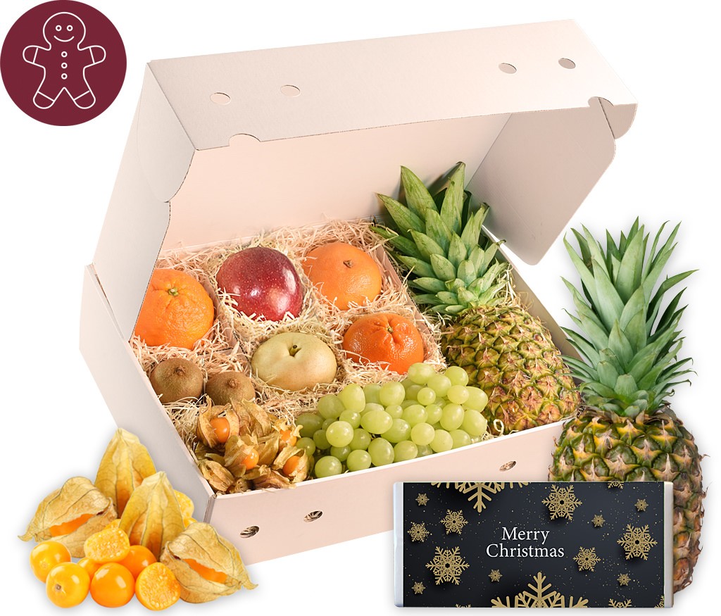 Obstbox Weihnachtliche Grußbotschaften mit frischem Obst und Schokolade mit weihnachtlicher Grußbotschaft