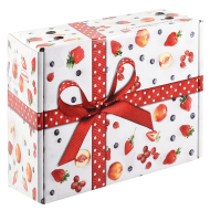 Verpackungsdesign: "Die Fruchtige" (Box mit kleinen Früchten und rot gepunkteter Schleife)