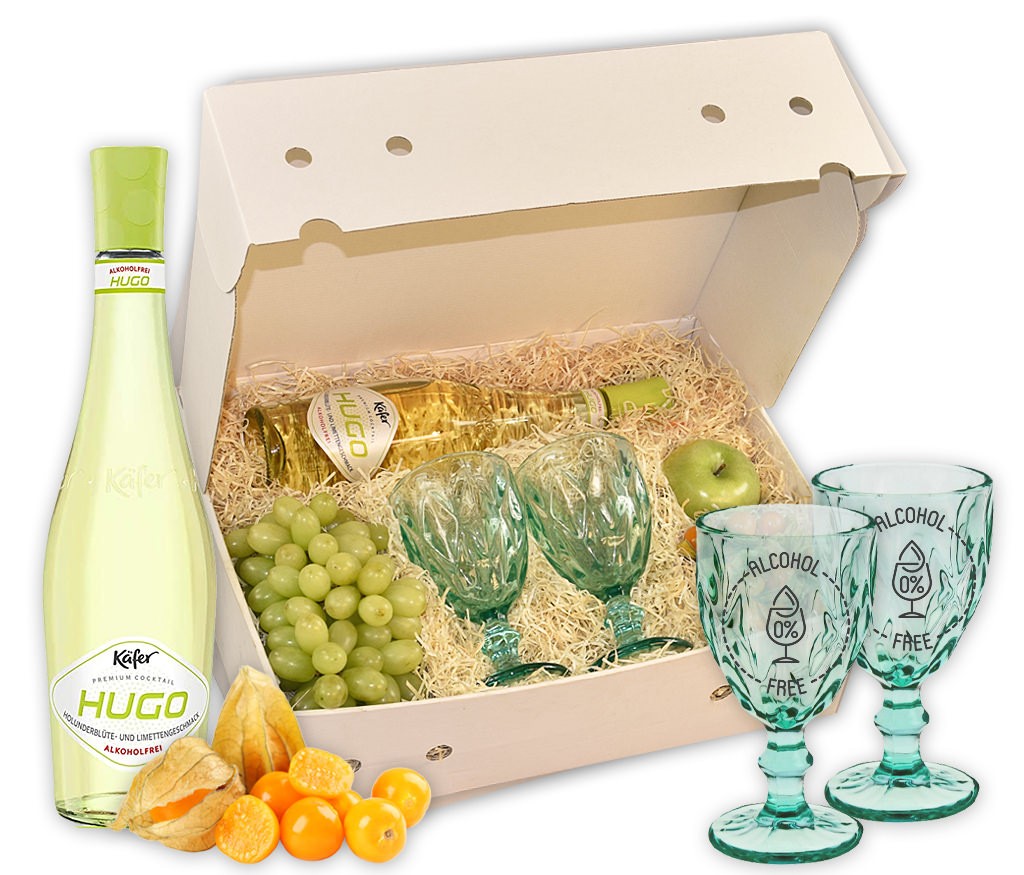 Cocktailbox Hugo mit stilvollen Gläsern, frischem Obst und Hugo