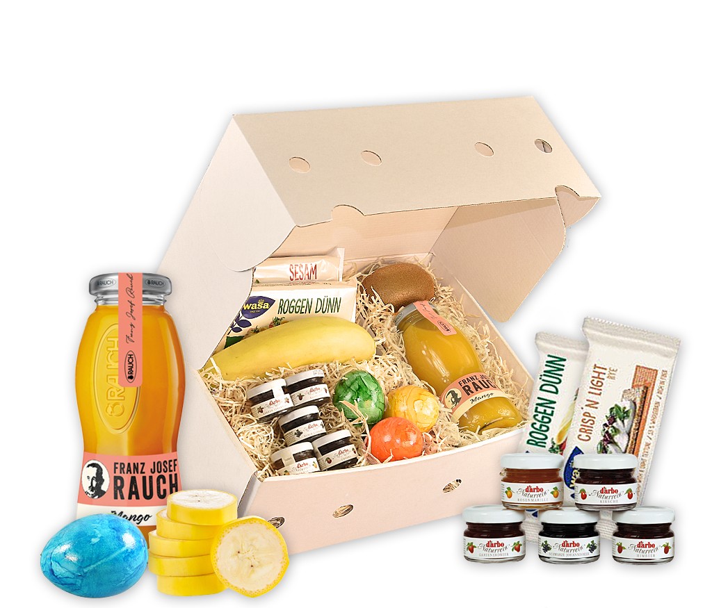 Obstbox Wanderbuddy mit Mangosaft, Knäckenbrot, Mini-Konfitüren, Frühstückseier und frisches Obst