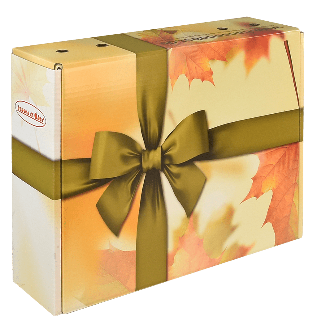 Verpackungsdesign: "Die Herbstblätter" (Box mit Blättern und olivgrüner Schleife)