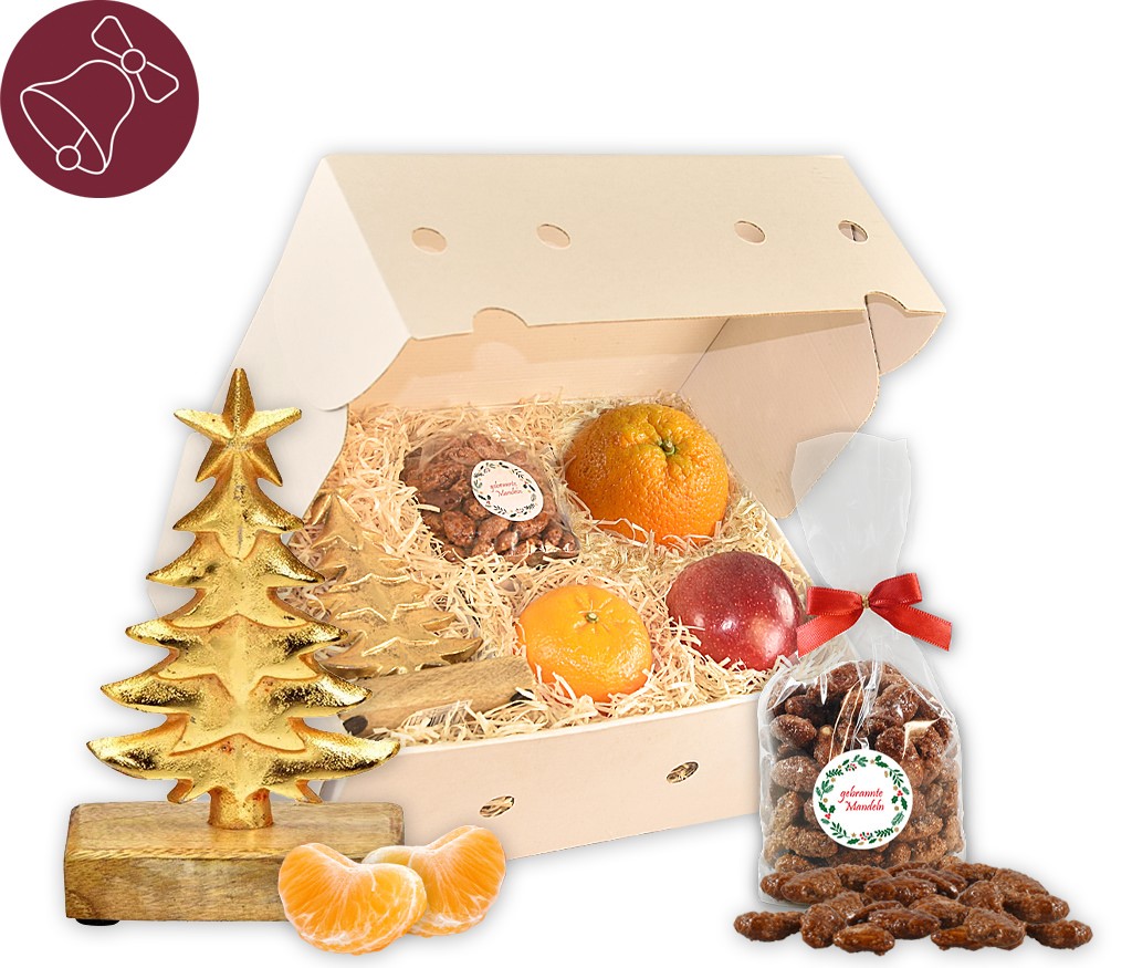 Obstbox mit goldenem Tannenbaum, Lindt-Blätterkrokant, Nusskernen und frischem Obst