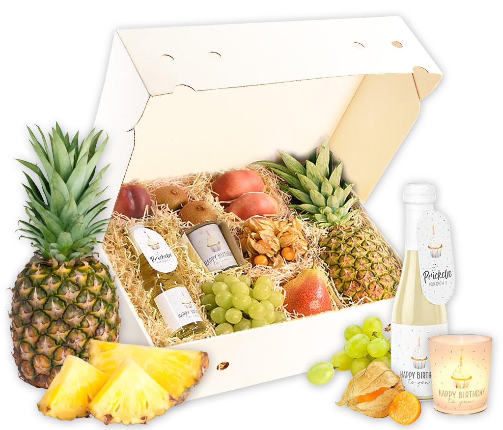 Geschenkbox Happy Birthday mit Tasse, Schokoladenlöffel, Kerze und frischem Obst