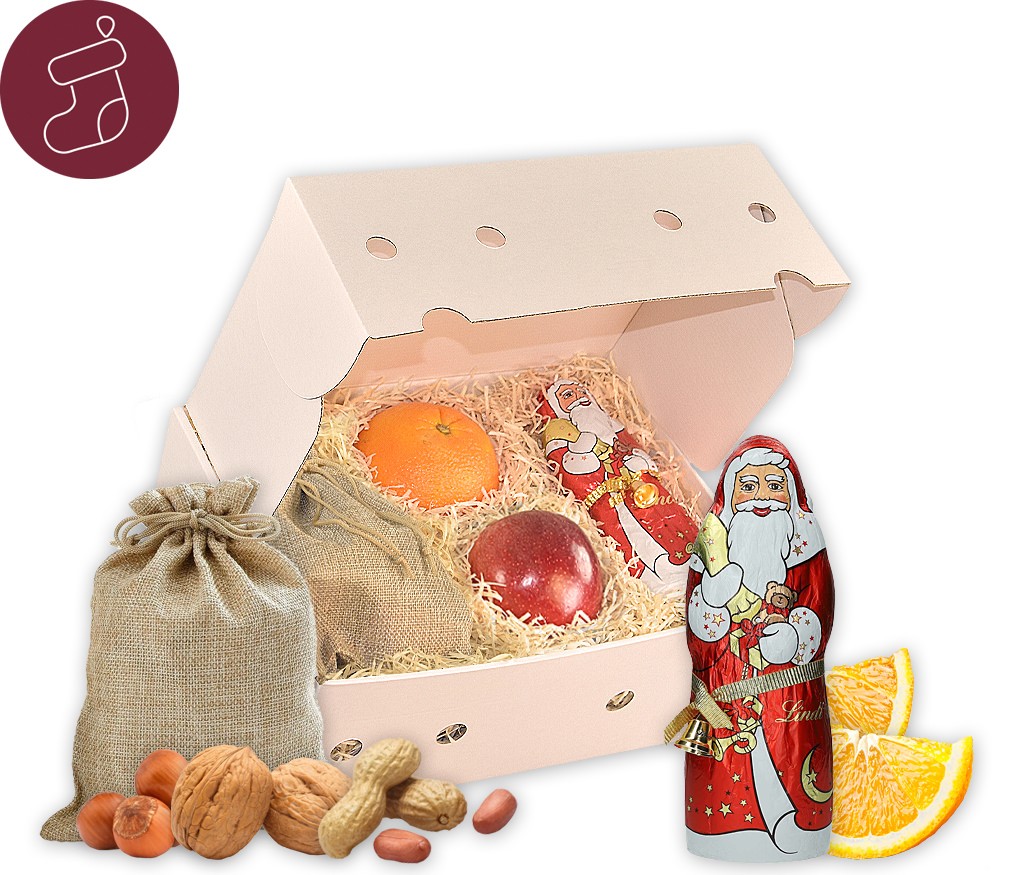 Geschenkbox "Alles im Sack" zum Nikolaus mit Jutesäckchen, ganzen Nüssen, Schokoweihnachtsmann und Obst