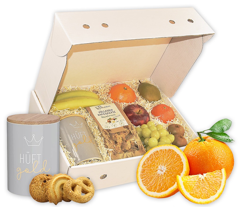 Obstbox Hüftgold mit Vorratsdose, Keks- und Waffelmischung und frischem Obst