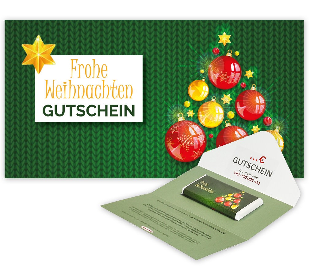 Gutschein-Karte "Frohe Weihnachten" mit Schokolade