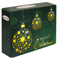 Verpackungsdesign: "Merry Christmas" (grüne Box mit goldenen Kugeln)