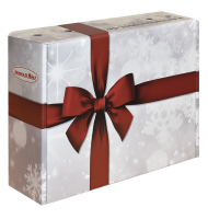 Verpackungsdesign: "Die Winterliche" (Box mit Schneeflocken und weinroter Schleife)