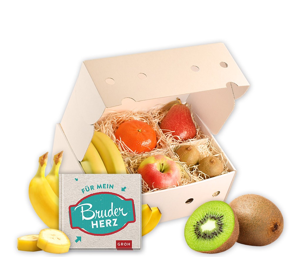 Obstbox Bester Bruder mit leckeren Früchten, einer Bester-Bruder-Tasse und aromatischem Früchtetee in einer dekorativen Geschenkbox