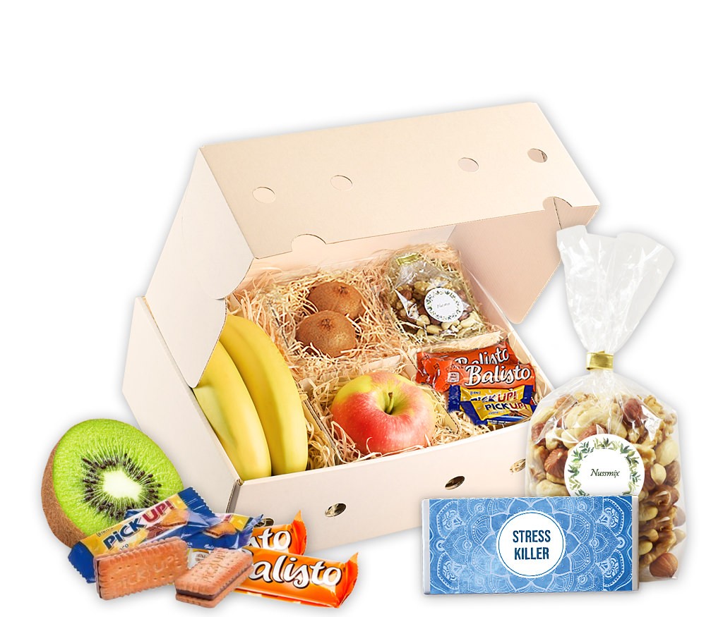 Obstbox Onboarding - Onboarding-Geschenkbox für Mitarbeiter mit Obst, Nusskernen, Riegeln & Schokolade