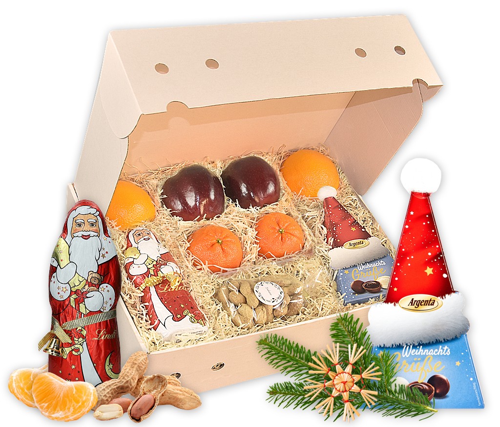 Geschenkbox Knecht Ruprecht mit zartschmelzener Schokolade und frischem Obst