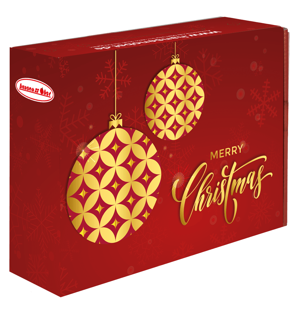 Verpackungsdesign: Karton gro&szlig; "Merry Christmas" (Rot & Goldene Kugeln)