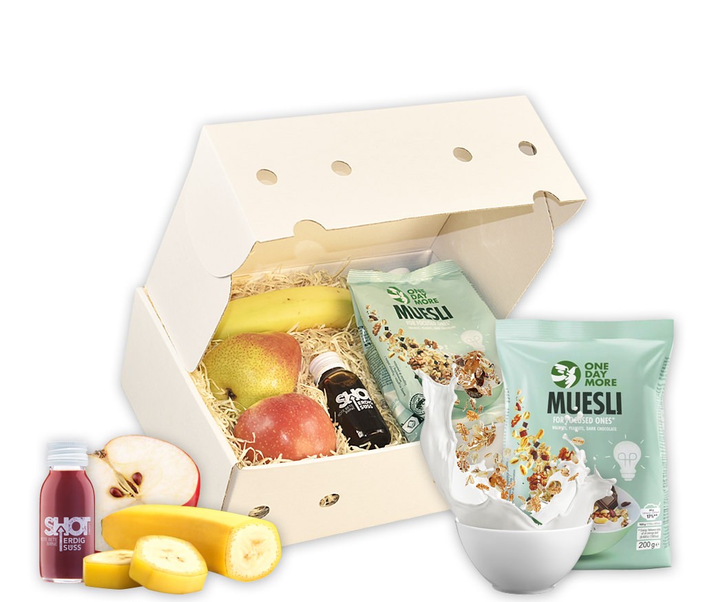Geschenkbox mit frischem Obst, BIO-Müsli, Milch und Power Shot