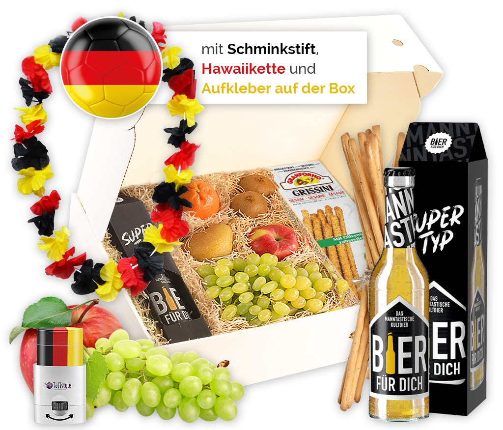 Geschenkbox "Supertyp" mit Bier, Nusskernen, Knabberstangen, Studentenfutter und frischem Obst