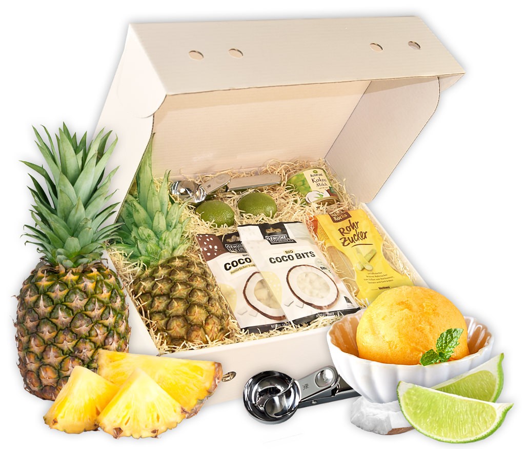 Obstbox Kokos-Ananas-Eis mit Ananas, Kokosmilch, Kokosstückchen, Rohrzucker, Limetten und Eisportionierer