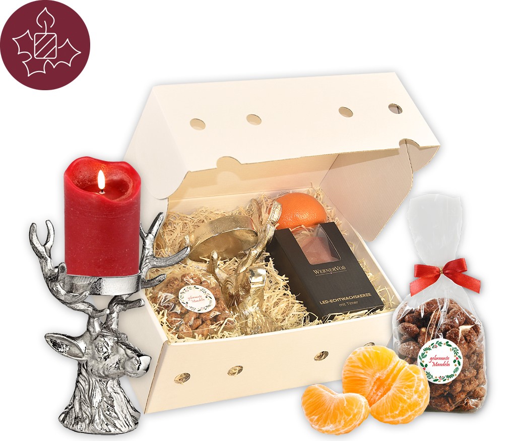 Weihnachtsbox mit frischen Clementinen und Äpfeln, leckeren Lebkuchen und einem schönen Hirschkopf-Kerzenhalter mit einer LED Kerze 