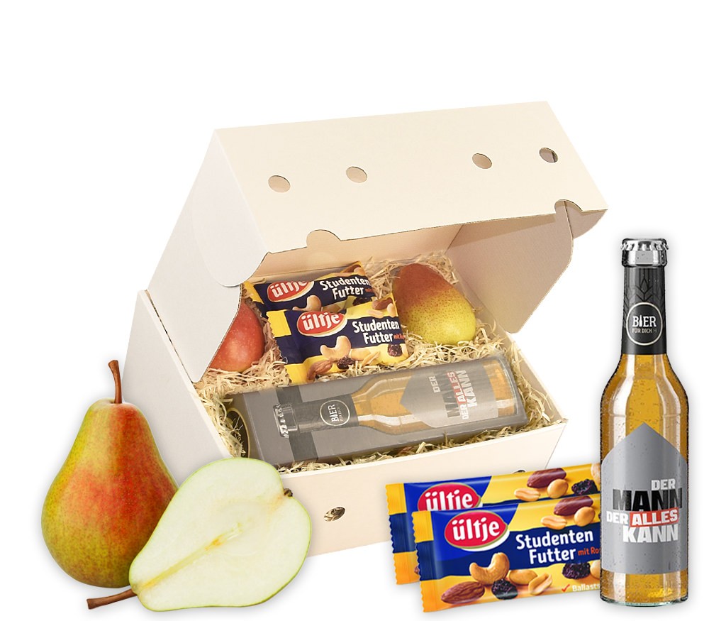 Geschenkbox für Männer: DER MANN der alles kann mit Obst, Knabbergebäck, Bier, Emaillibecher und Flaschenöffner