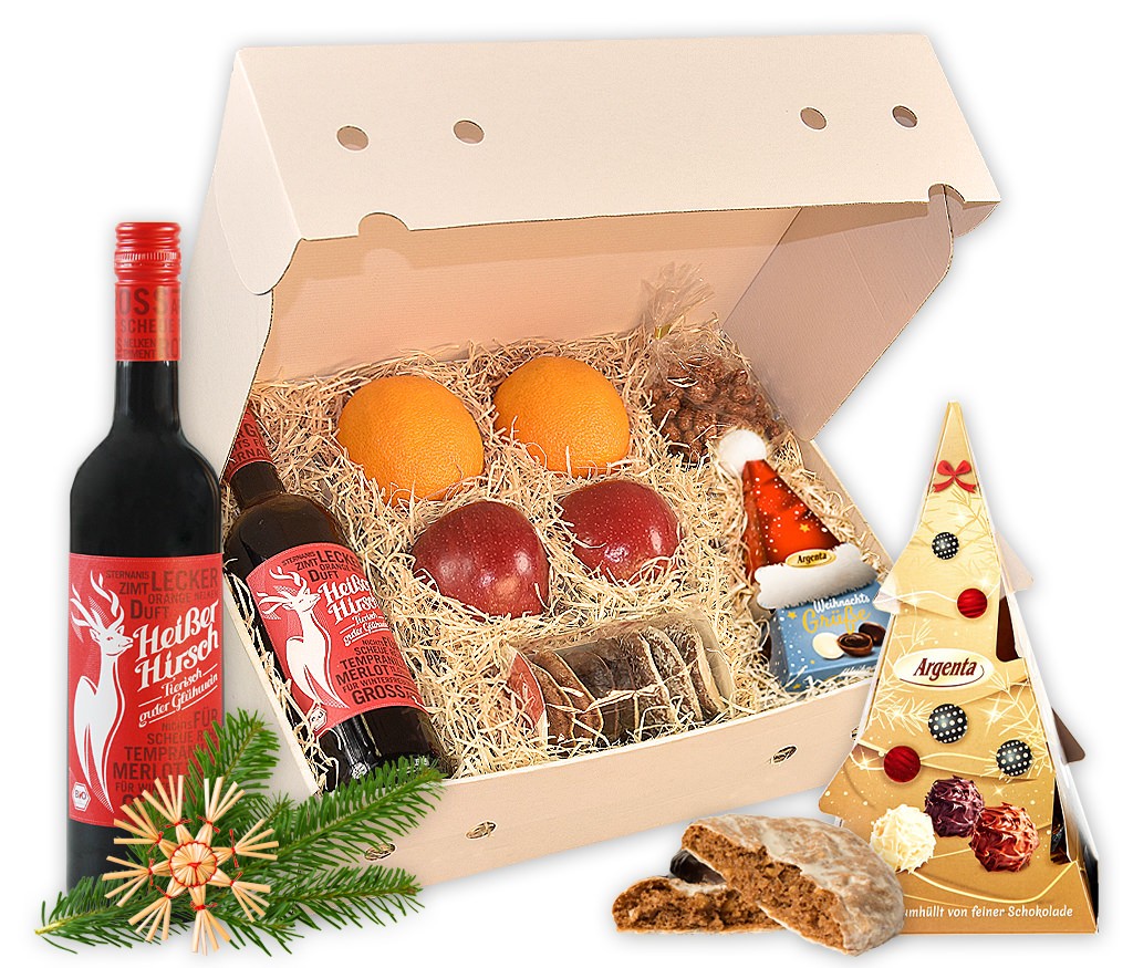 Obstbox Statt Weihnachtsfeier mit frischem Obst, Lebkuchen, gebrannten Mandeln, BIO Glühwein,Schokoladen Weihnachtsbaum und frischem Tannenzweig mit weihnachtlichem Strohstern