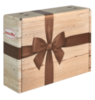 Verpackungsdesign: "Die Rustikale" (Box in Holzoptik mit dunkelbrauner Schleife)