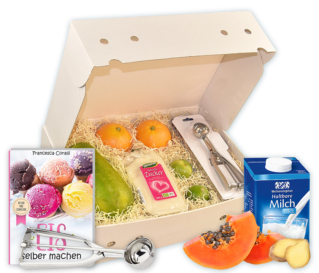 Obstbox Papaya-Eis, alle Zutaten für ein leckeres Eis mit Rezeptbuch und WMF-Eisportionierer in einer Geschenkbox