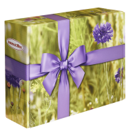 Verpackungsdesign: "Die Blumenwiese" (Box mit Blumenmotiv und lila Schleife)