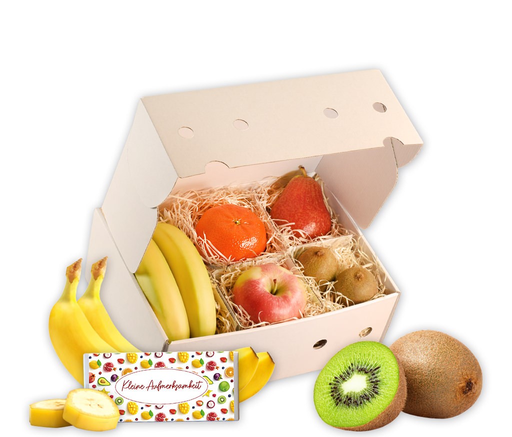 Obstbox Für Dich mit frischem Obst, einer Spruch-Tasse, Schokolade und aromatischem Früchtetee in einer Geschenkbox