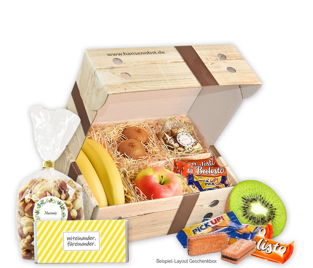 Geschenkbox Turbo-Box mit Nusskernen, Riegeln, Schokolade und frischem Obst