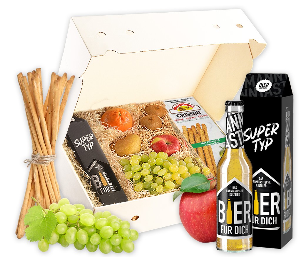 Geschenkbox "Du bist der Beste" mit Bier, Knabberstangen und frischem Obst