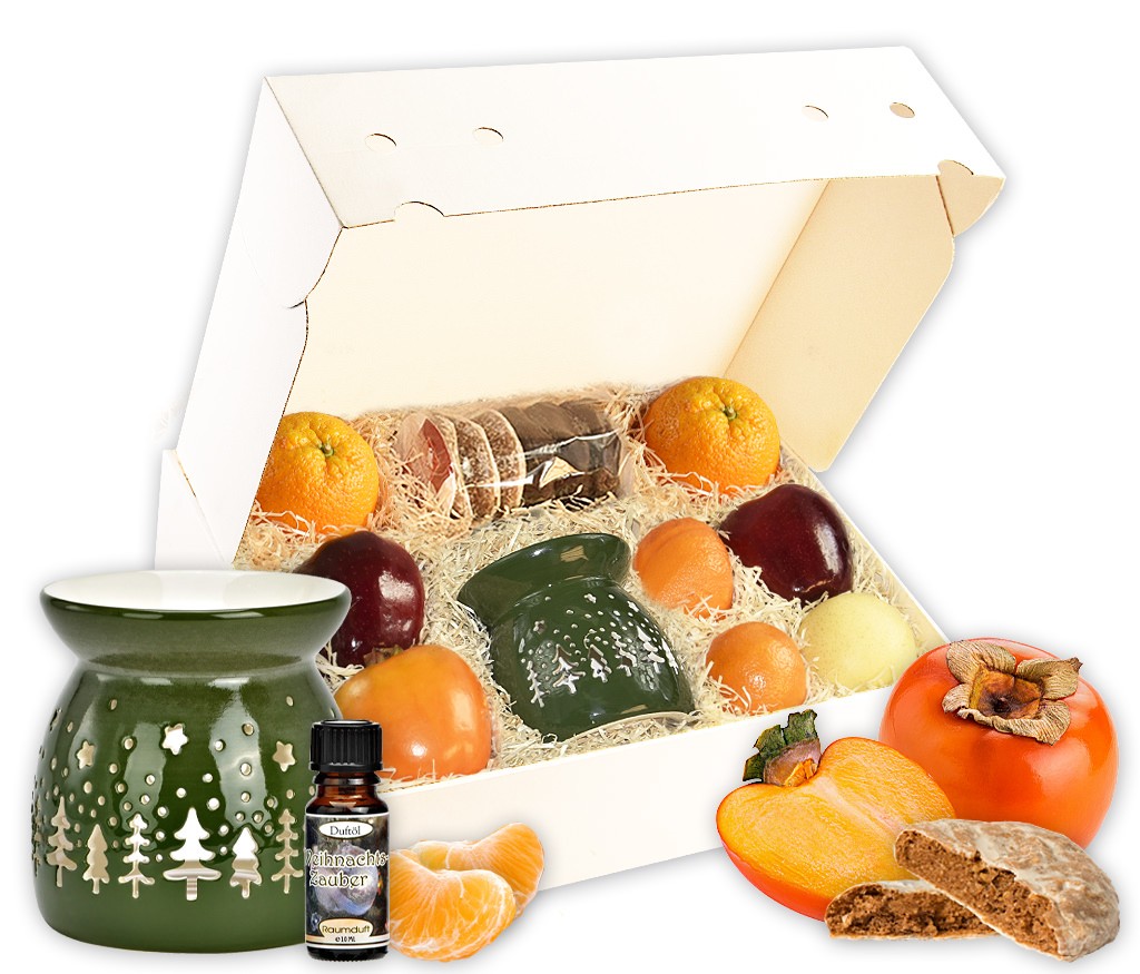 Geschenkbox Weihnachtsduft mit Porzellan-Duftlampe, Düftöl, Lebkcuehn und frischem Obst