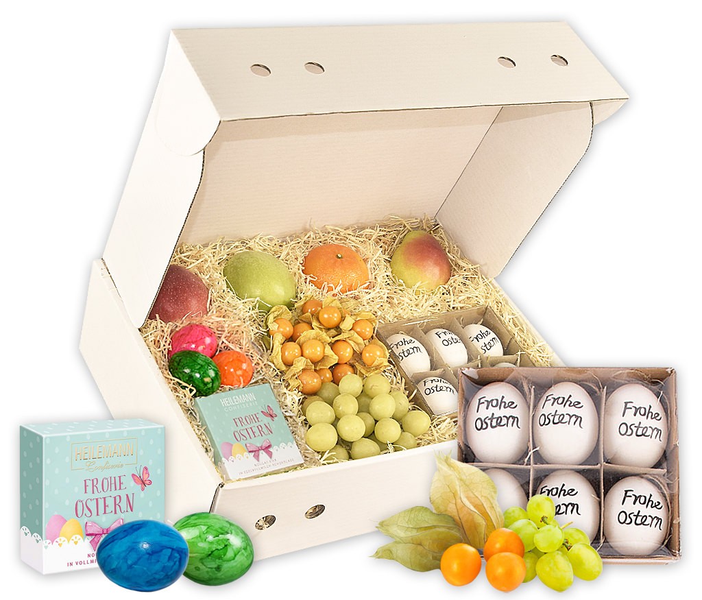 Geschenkbox Ostereier mit echten Deko-Ostereiern, bunten Ostereiern, Schokolade und frischem Obst