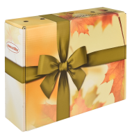 Verpackungsdesign: "Die Herbstliche" (Box mit Blättern und olivgrüner Schleife)
